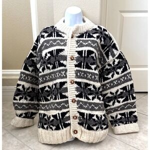 VTG Indian Weavings Wool Handknit Cardigan Sweater Southwestern Black Cream XL